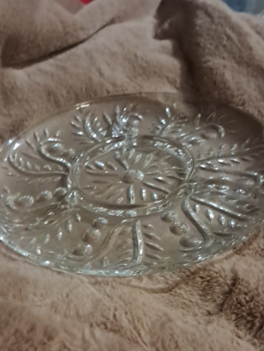 Clear pressed glass divided relish dish with 'Feather & Dot' pattern by Federal Glass Company
