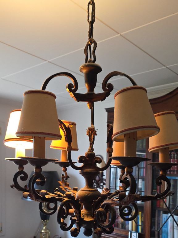 Wrought iron chandelier with fabric shades in Spanish Revival style