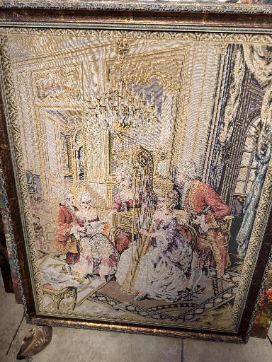 French tapestry depicting an 18th-century salon scene with Marie Antoinette