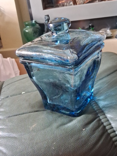 Blue pressed glass candy or apothecary jar with lid