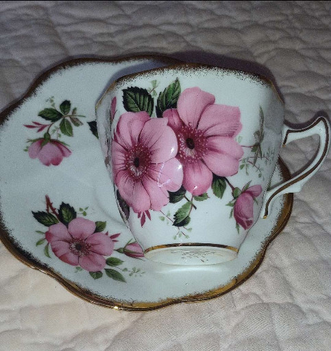 Fine bone china teacup and saucer set with pink floral decoration and gold trim