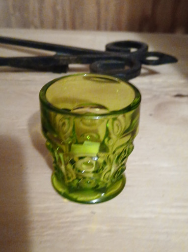 Pressed glass toothpick holder in 'Moon and Stars' pattern by L.E. Smith Glass Company