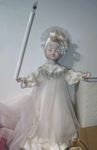 Porcelain angel or bride doll in white dress with silver tinsel halo and wand