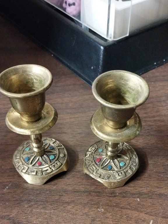 Brass Judaica Shabbat candlestick holders with enamel inlay from Israel