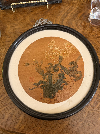 Hand-painted wood panel depicting floral bouquet, made in China