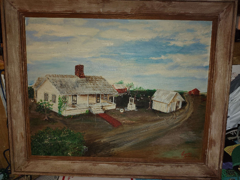 Folk art painting of rural farmhouse with outbuildings