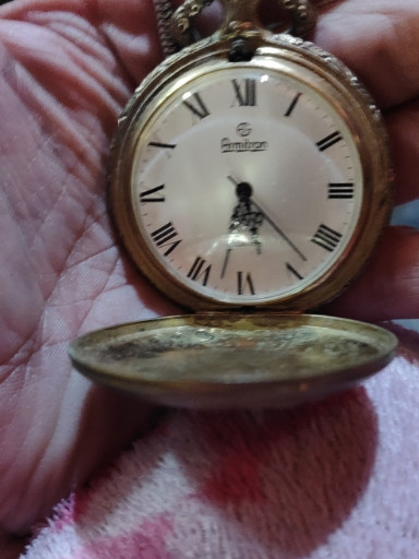 Gold-tone quartz pocket watch with engraved hunting scene by Armitron