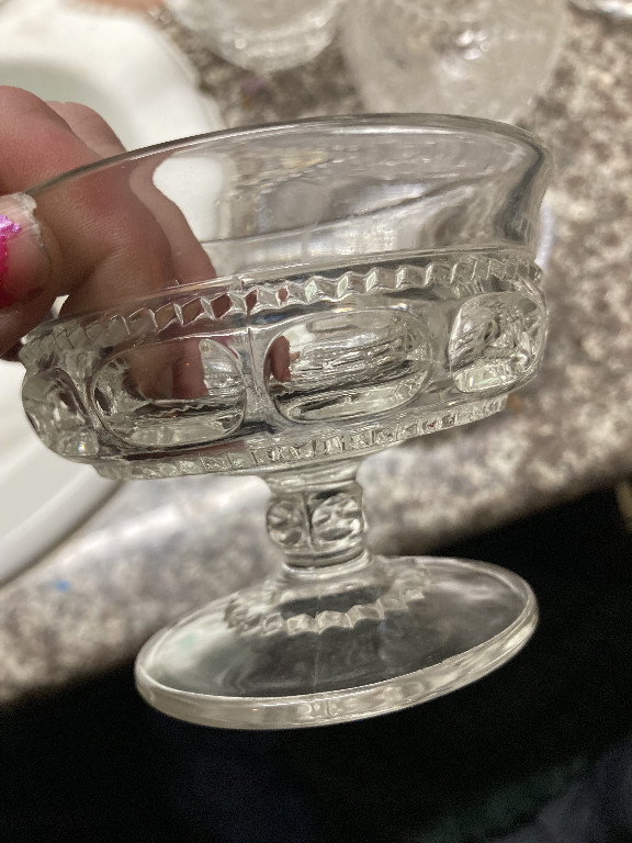 Pressed glass footed compote in the King's Crown pattern by Tiffin-Franciscan
