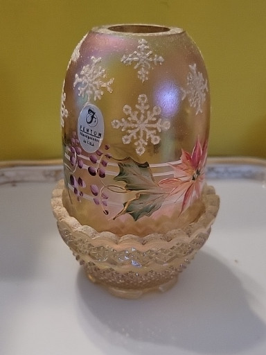 Iridescent glass fairy lamp with hand-painted poinsettia and snowflake design by Fenton