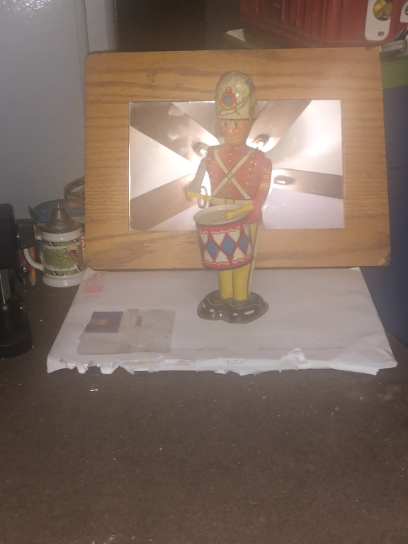 Tin lithographed clockwork toy titled 'George the Drummer Boy' by Louis Marx & Co.