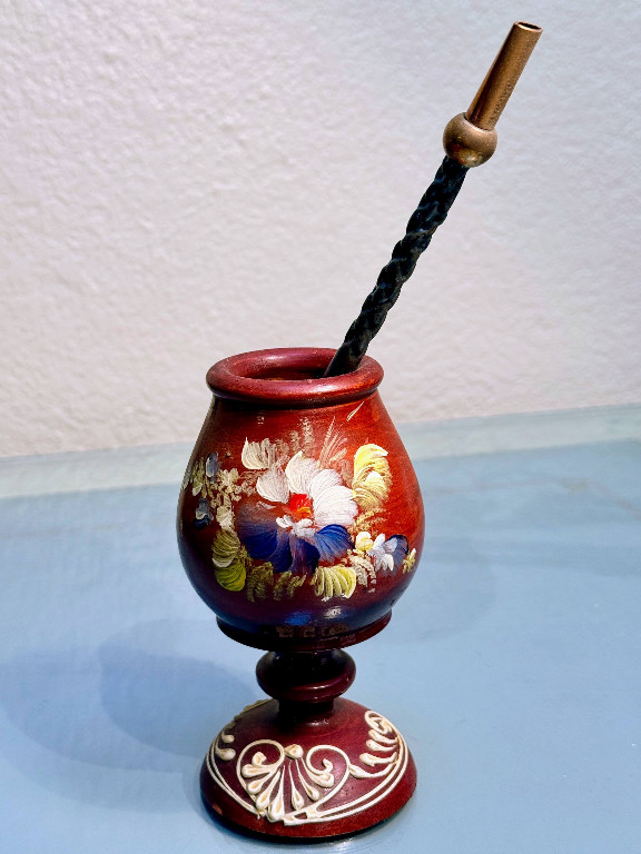 Hand-painted ceramic mate gourd with bombilla (metal straw)