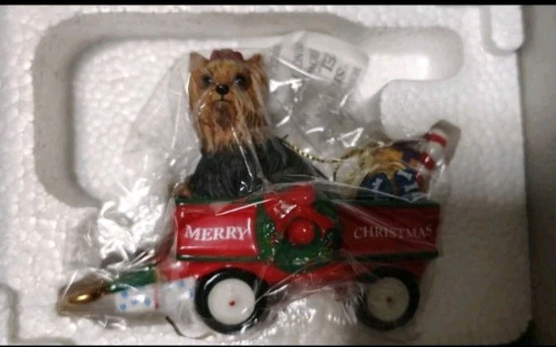 Danbury Mint Yorkshire Terrier Christmas ornament titled 'A Waggin' Holiday'