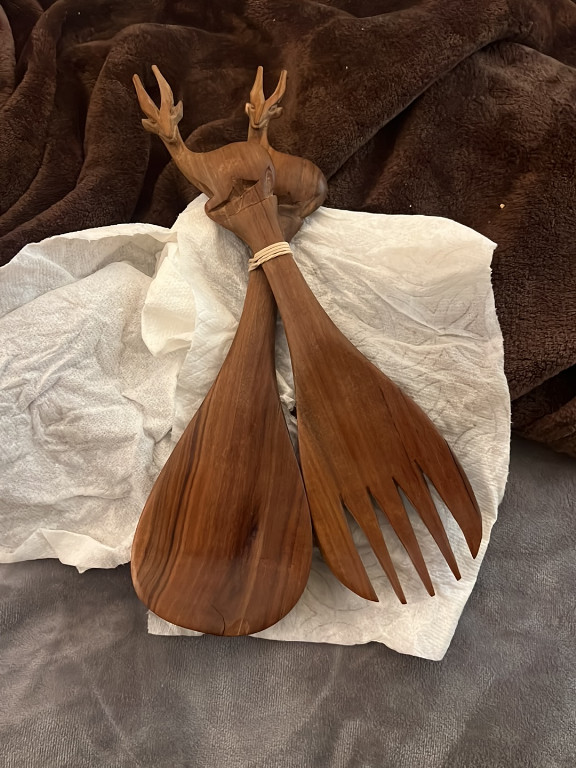 Hand-carved wooden salad serving set with gazelle handles