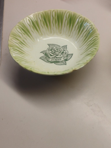 Ceramic serving bowl with green rose pattern by Scio Pottery