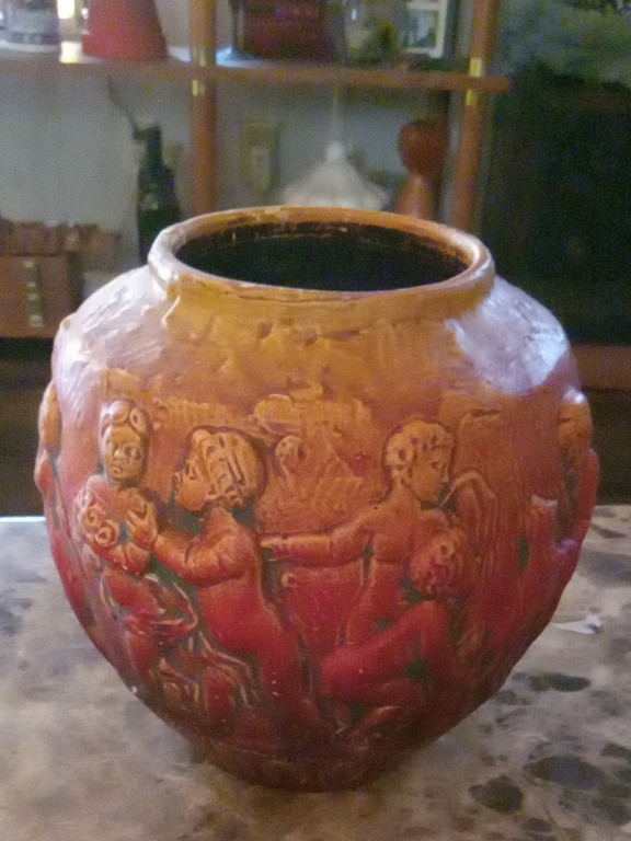 Terracotta vase with relief figures depicting classical scenes