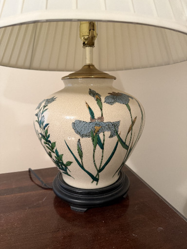 Ceramic table lamp with hand-painted iris floral design in Moorcroft style