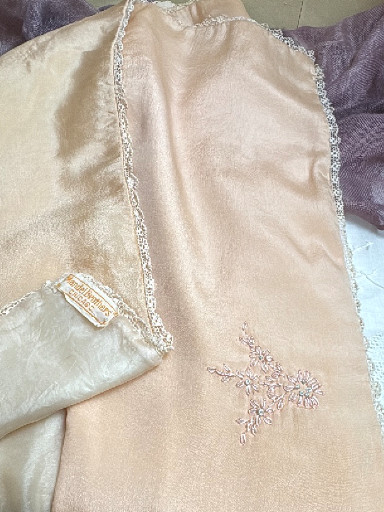Vintage embroidered textile shawl or coverlet with metallic threadwork