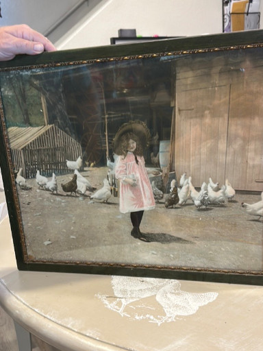 Chromolithograph print titled 'Dinner Time' depicting a young girl feeding chickens in a farmyard, published by Jos. Hoover and Son