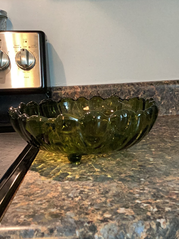 Green glass fruit bowl by Indiana Glass Company