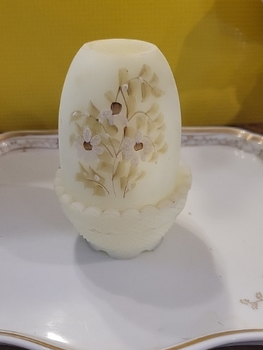 Custard glass fairy lamp with hand-painted floral decoration by Fenton Glass Company