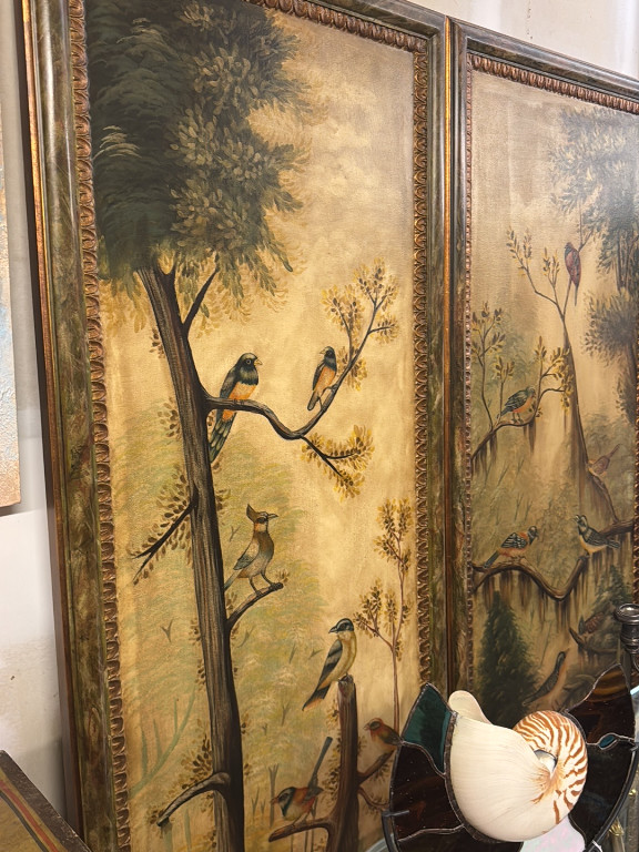 Pair of decorative wall panels with Chinoiserie bird and foliage motifs