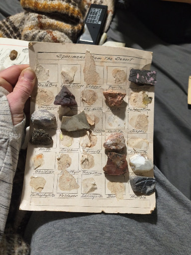 Vintage geological specimen collection card with mounted rock and mineral samples