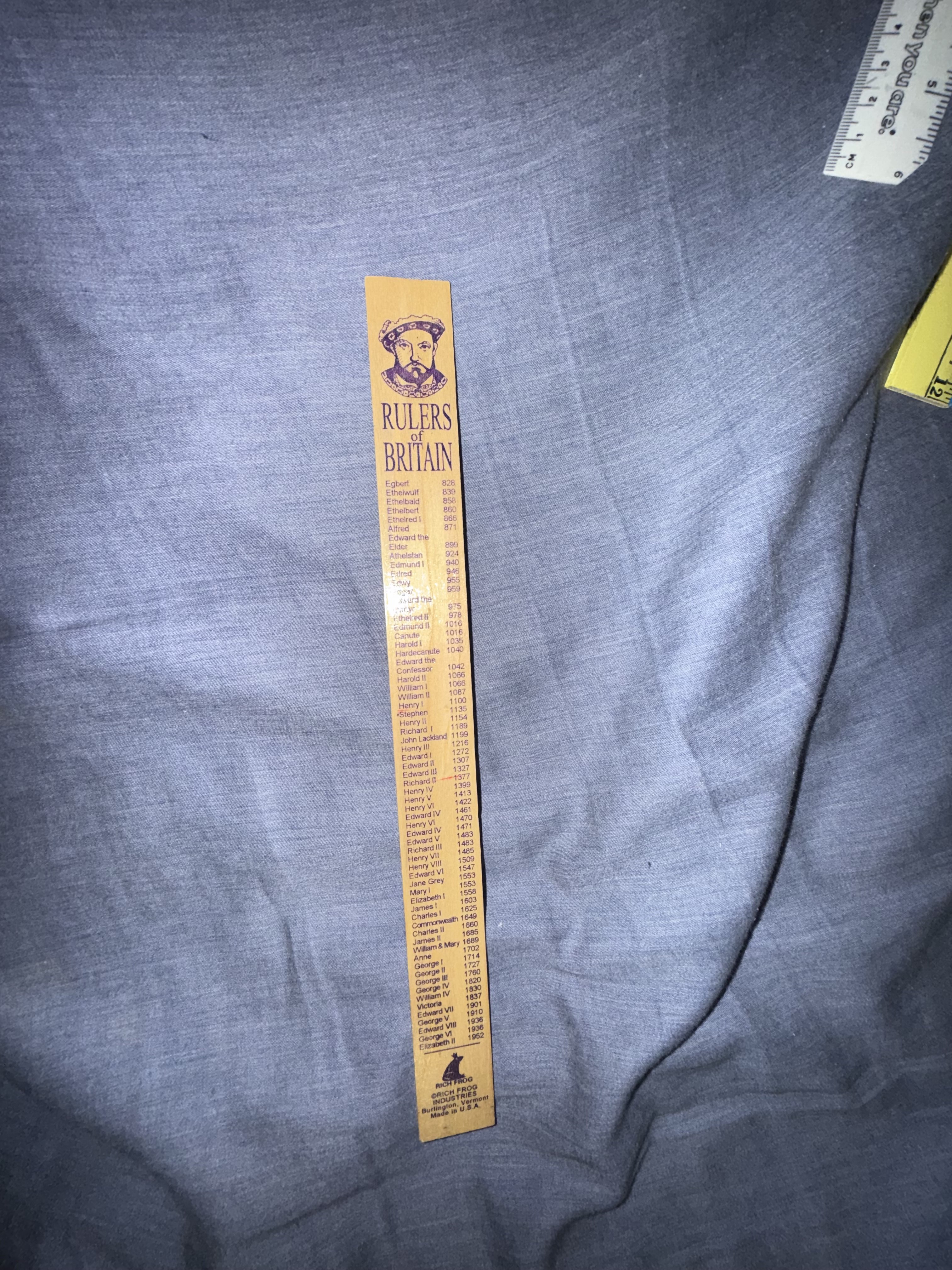 Wooden bookmark titled 'Rulers of Britain' by Rich Frog Industries