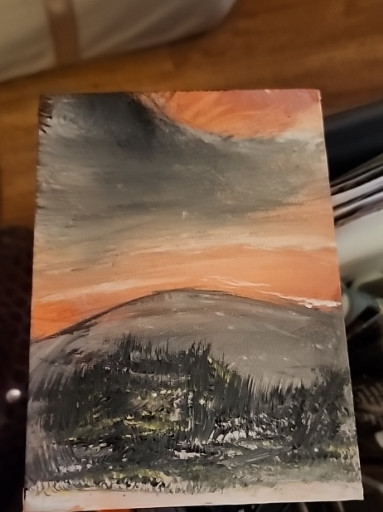 Contemporary acrylic or oil painting depicting an abstract mountain landscape at sunset