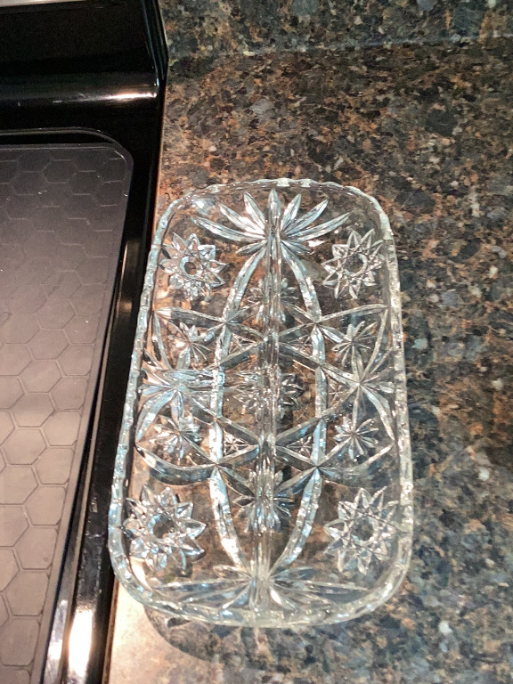 Cut glass rectangular serving tray with Star of David pattern by Anchor Hocking