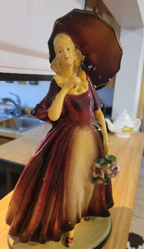 Chalkware figurine titled 'Victorian Lady with Parasol' by Roman Art Company