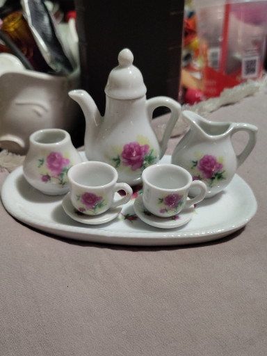 Porcelain miniature tea set with pink rose decoration by Royal Norfolk