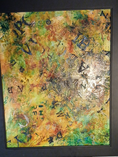 Mixed media abstract painting with Hebrew calligraphy and collage elements