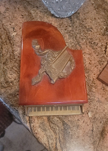 Bakelite and metal grand piano music box with ballerina decoration