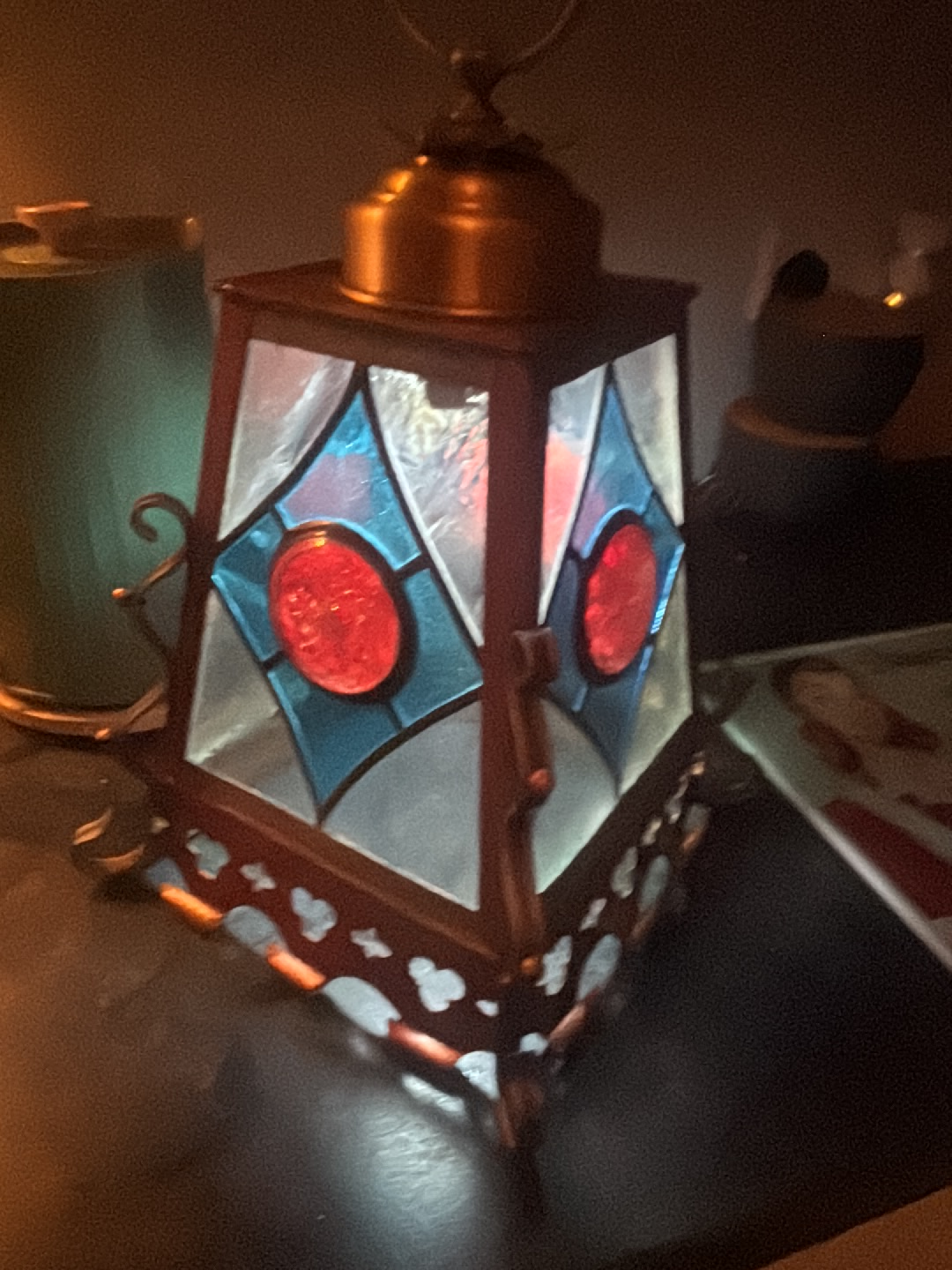 Copper and stained glass Moroccan-style lantern