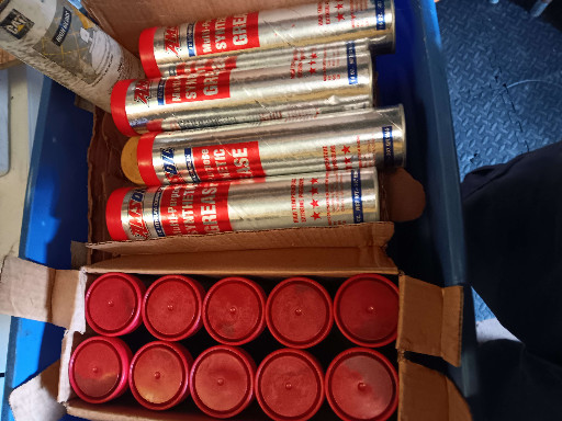 Box of Lucas Oil Red 'N' Tacky Multi-Purpose Grease cartridges, 14 oz tubes
