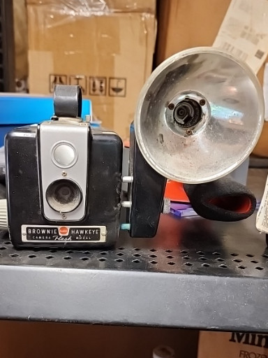 Kodak Brownie Hawkeye camera with flash attachment, manufactured by Eastman Kodak Company