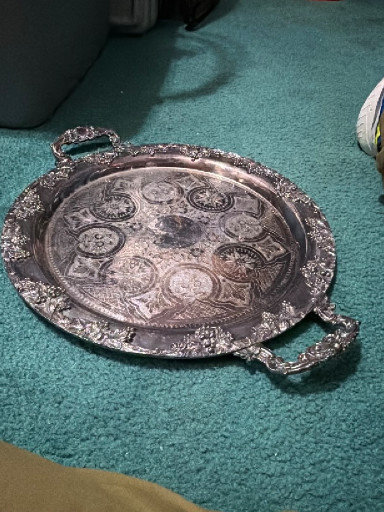 Silver-plated serving tray with grape and vine motif by Continental Silver Co.