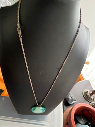 Gold chain necklace with chrysoprase or green stone pendant