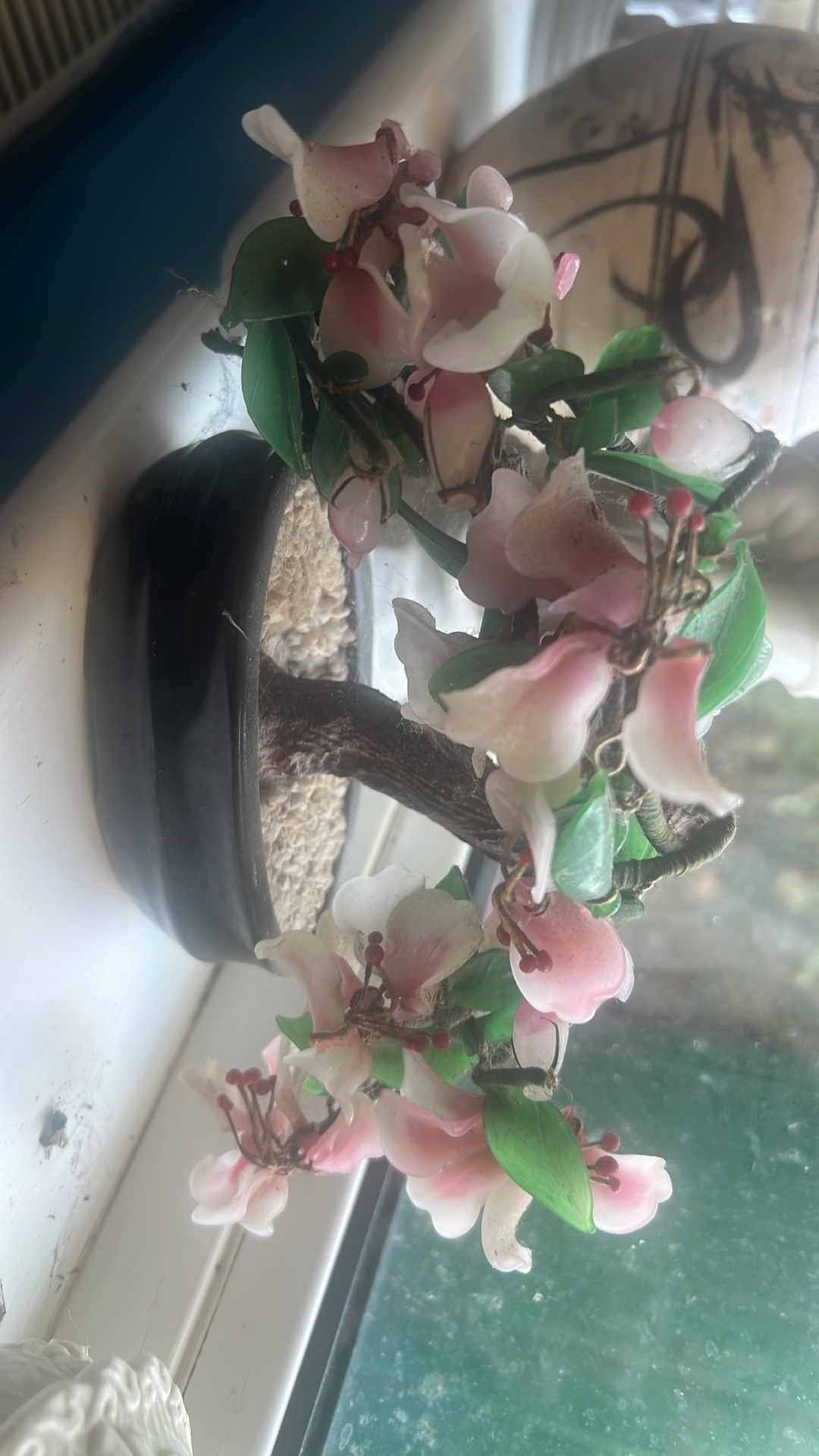 Glass and jade decorative bonsai tree with cherry blossoms