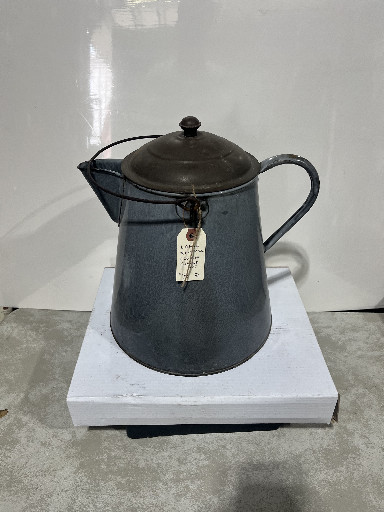 Enamelware coffee pot in blue-gray graniteware finish