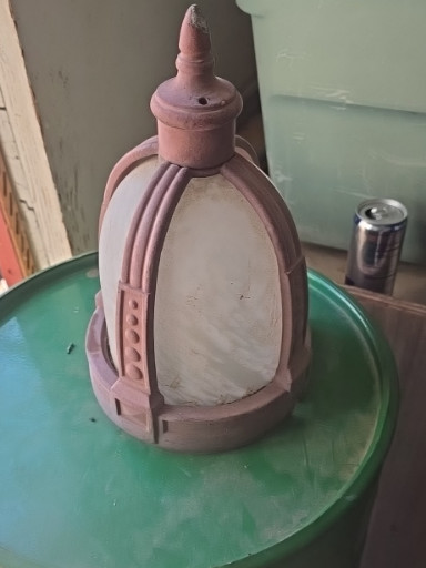 Pair of wrought iron and frosted glass outdoor lanterns in mission bell tower style