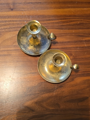 Brass chamberstick candle holders with finger loop handles