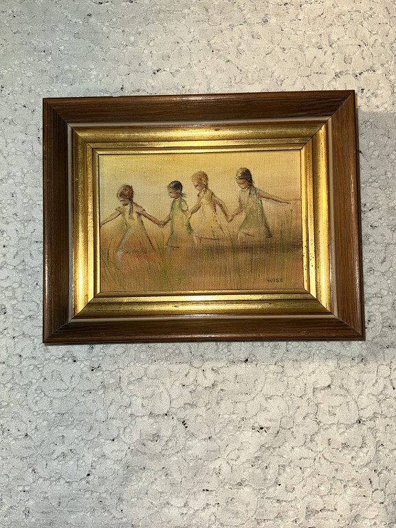 Oil painting depicting four young girls or ballerinas in white dresses holding hands in a line