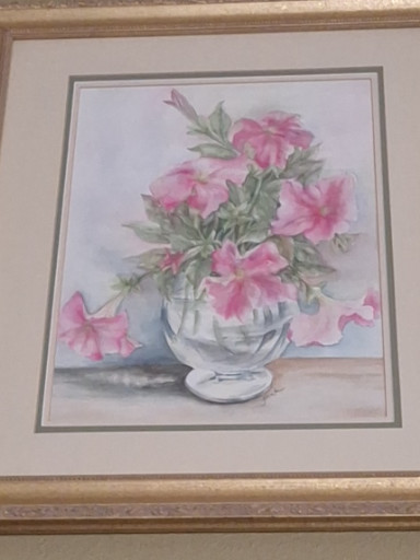 Watercolor painting titled 'Impatiens in Glass Vase' by unknown artist