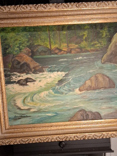 Oil painting depicting a mountain river with rapids and rocks, signed by artist