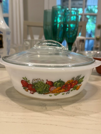 Milk glass oval casserole dish with lid, 'Vegetable Medley' pattern by Glasbake (Jeannette Glass)