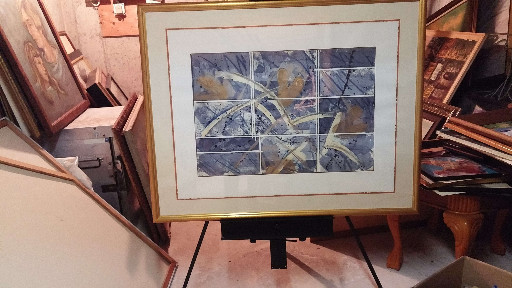 Abstract mixed media painting on paper, framed