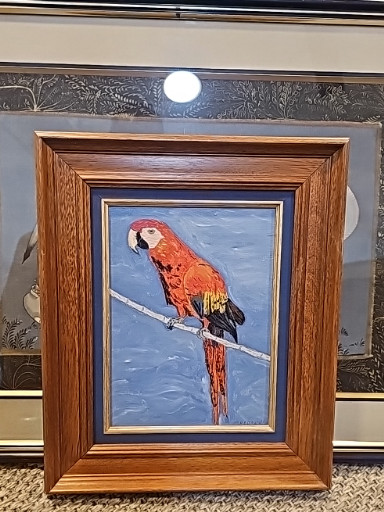 Peinture à l'huile sur toile représentant un ara rouge