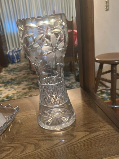 Lead crystal hand-cut glass vase with floral and geometric etched design