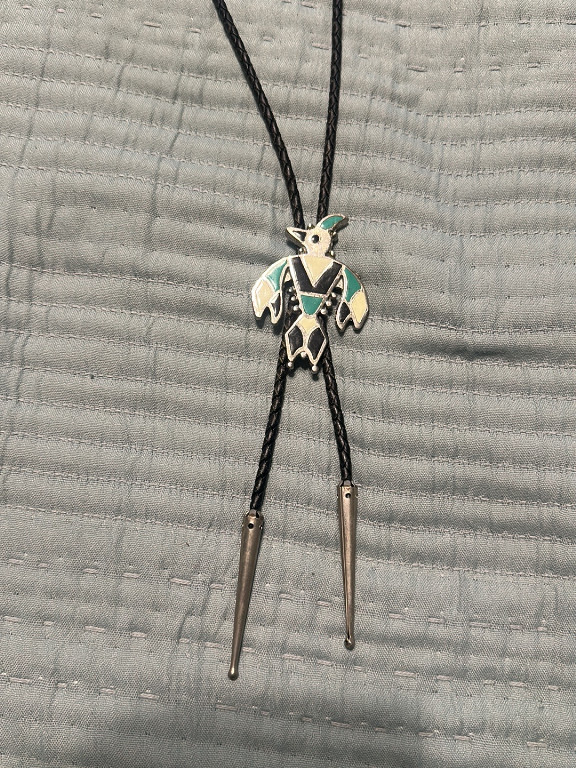 Sterling silver and inlay thunderbird bolo tie, Native American Zuni craftsmanship